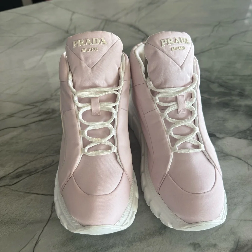 Prada Rush Piuma Nylon Platform High Top Sneakers – Pink/White – Size 36 (US 6)